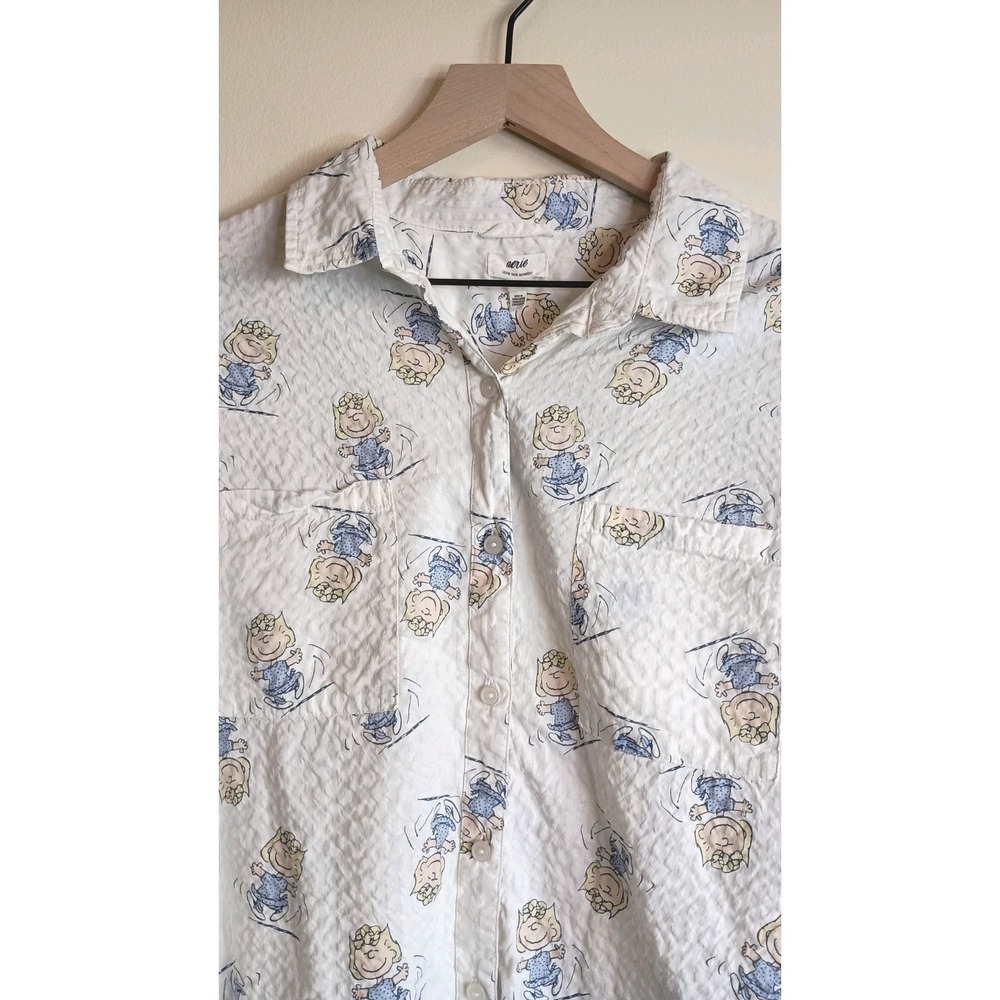 Aerie Peanuts Sally Brown Lounge Button-Up Shirt White Seersucker Sz L Oversized - Picture 2 of 9